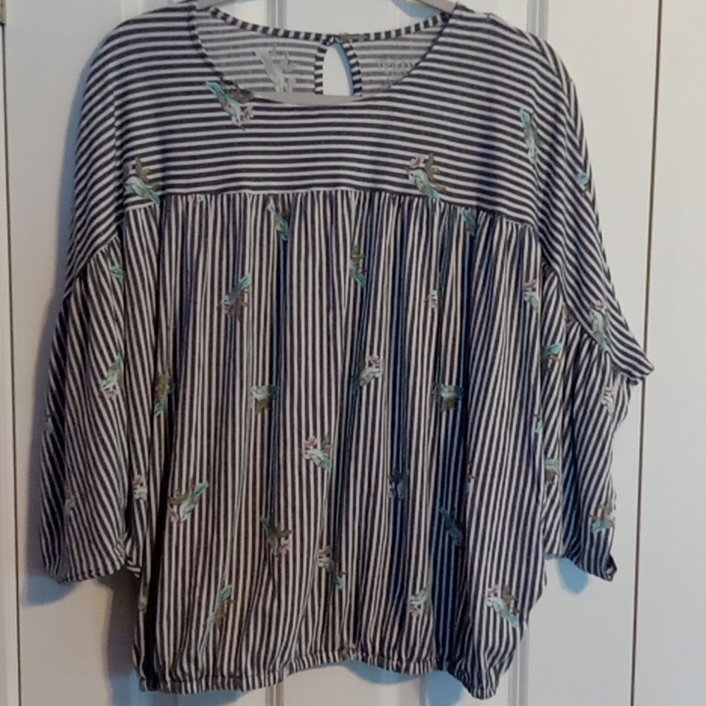 Time and Tru Striped Blouse with Floral Accents